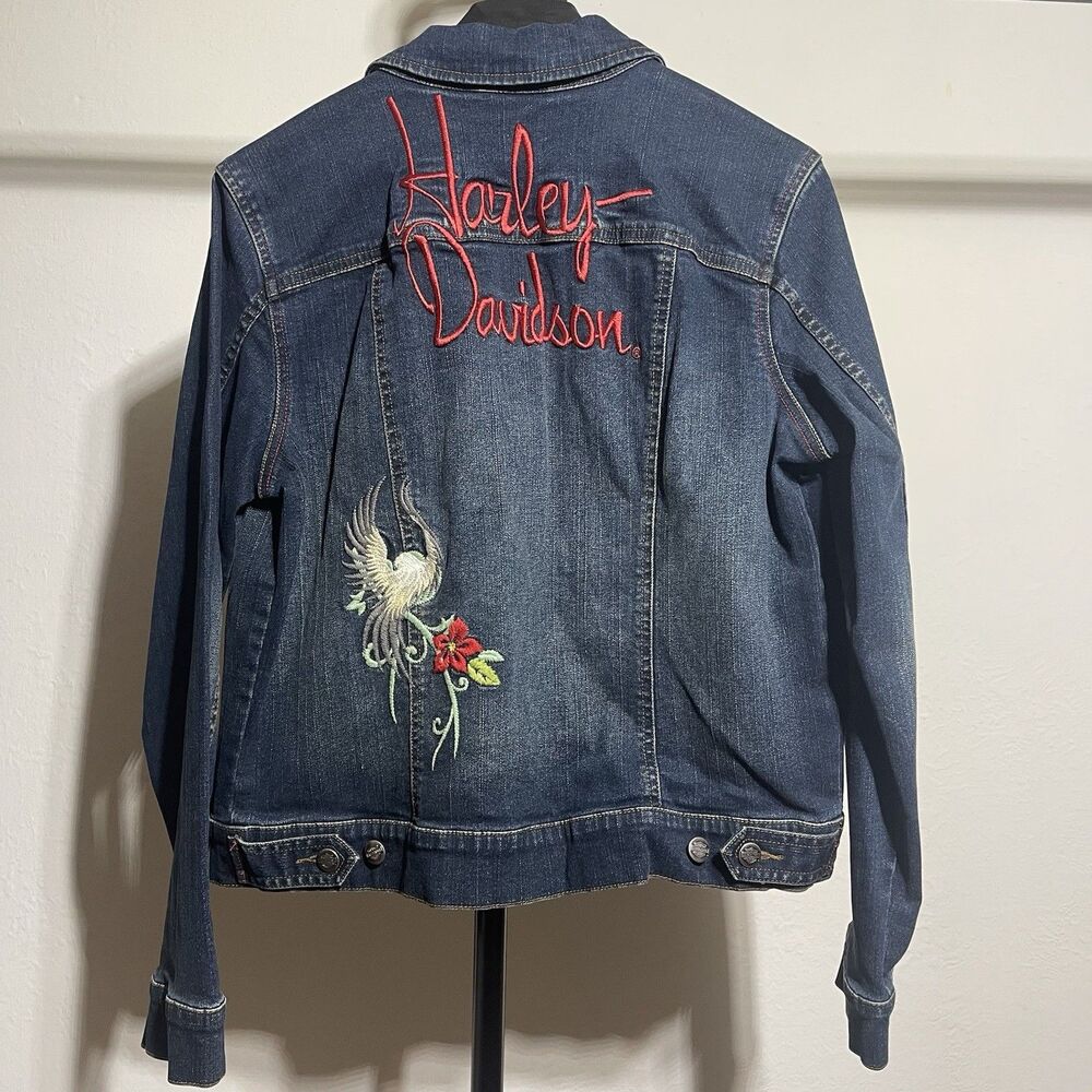Harley Davidson Blue Jean Denim Jacket Embroidered Flowers Bird Womens Large NWT - Picture 11 of 15